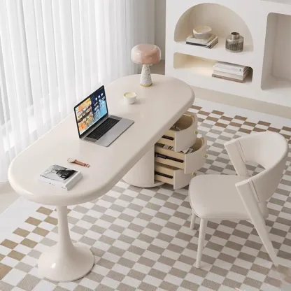 Modern Light Wooden Oval Home Office Desk with 3-Drawers Image - 1