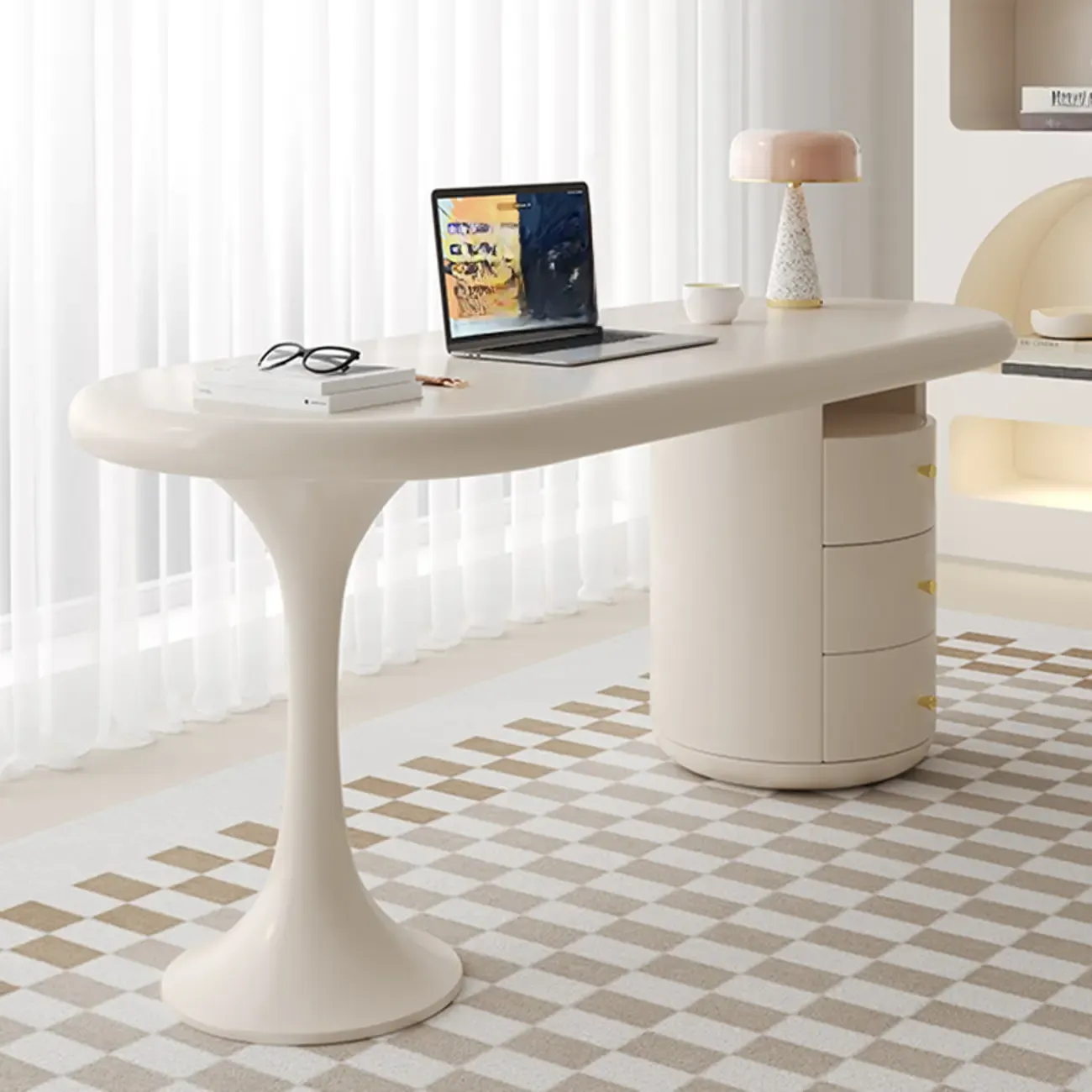 Modern Light Wooden Oval Home Office Desk with 3-Drawers Image - 3