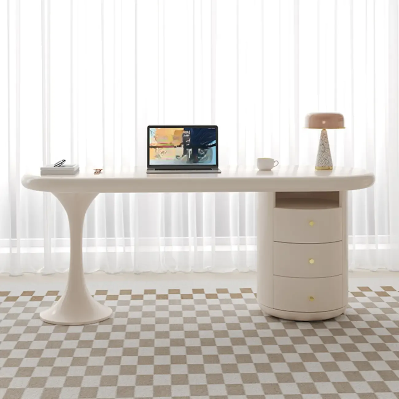 Modern Light Wooden Oval Home Office Desk with 3-Drawers Image - 4