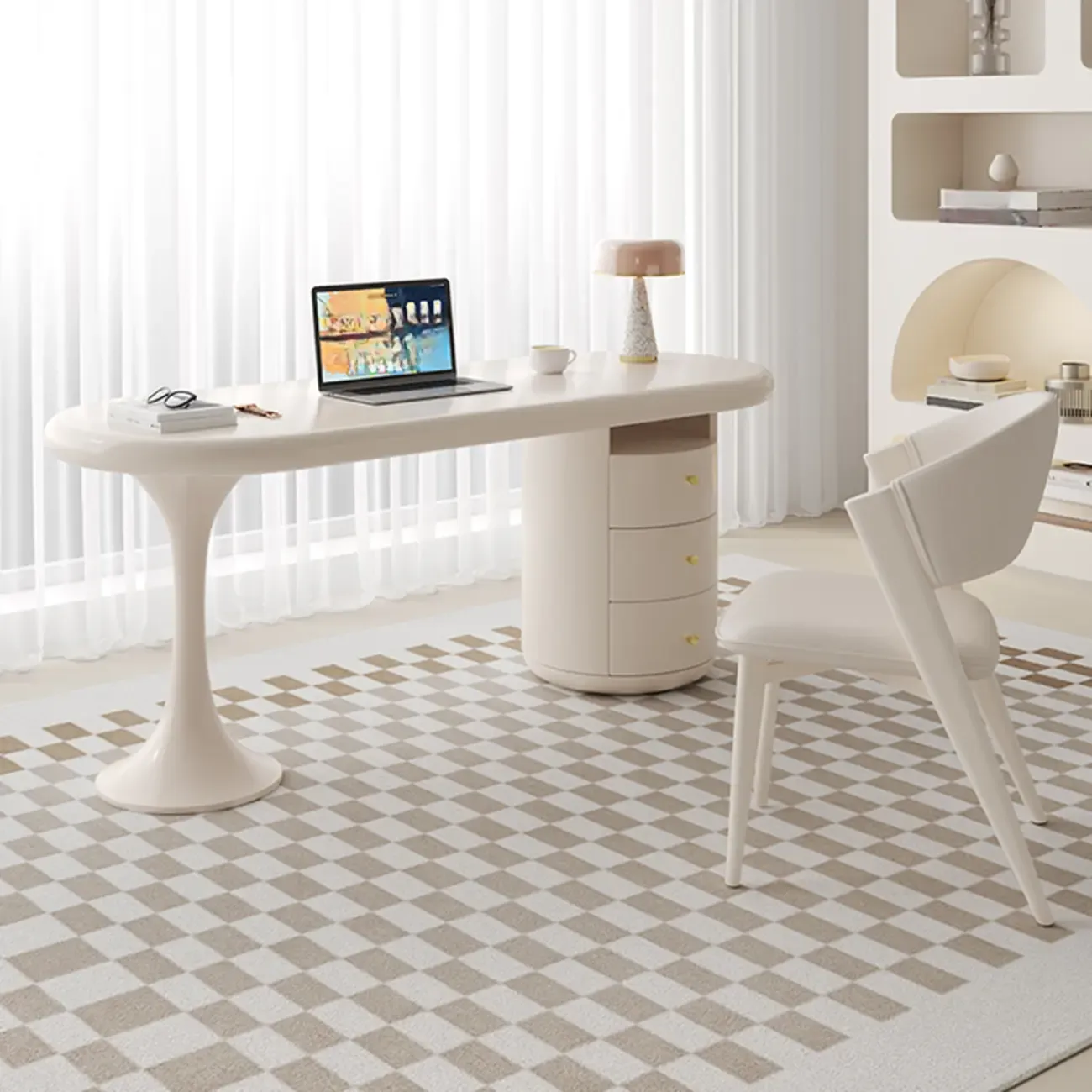 Modern Light Wooden Oval Home Office Desk with 3-Drawers Image - 5