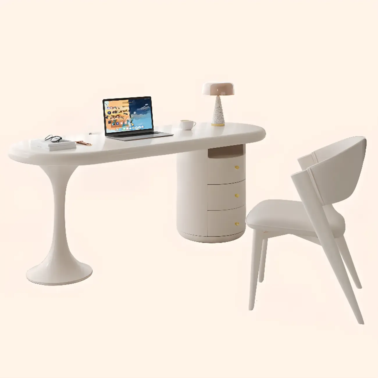 Modern Light Wooden Oval Home Office Desk with 3-Drawers Image - 12