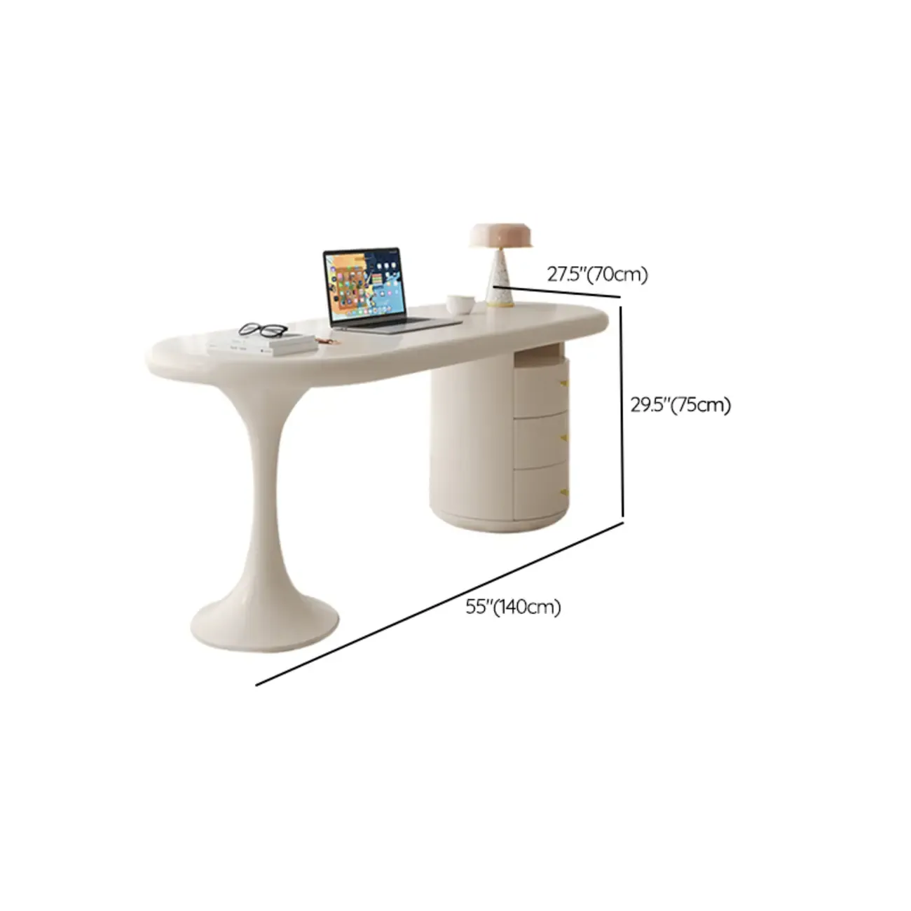 Modern Light Wooden Oval Home Office Desk with 3-Drawers #size