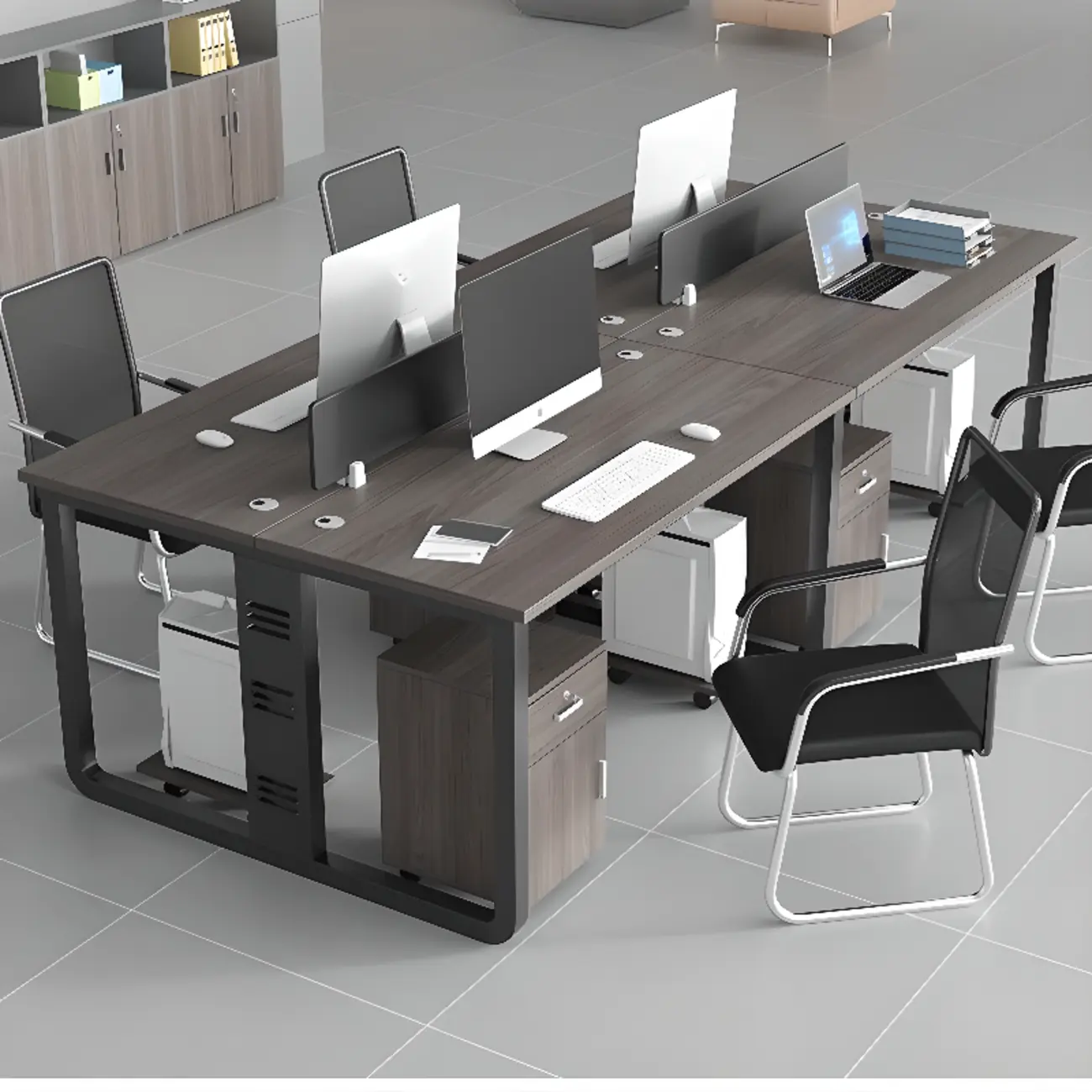 Minimalist Metal Grey Rectangular Office Desk with Storage Image - 2 | homeyfad