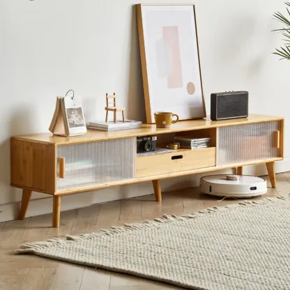 Wooden Rectangle TV Stand with Storage & Sliding Glass Door Image - 4