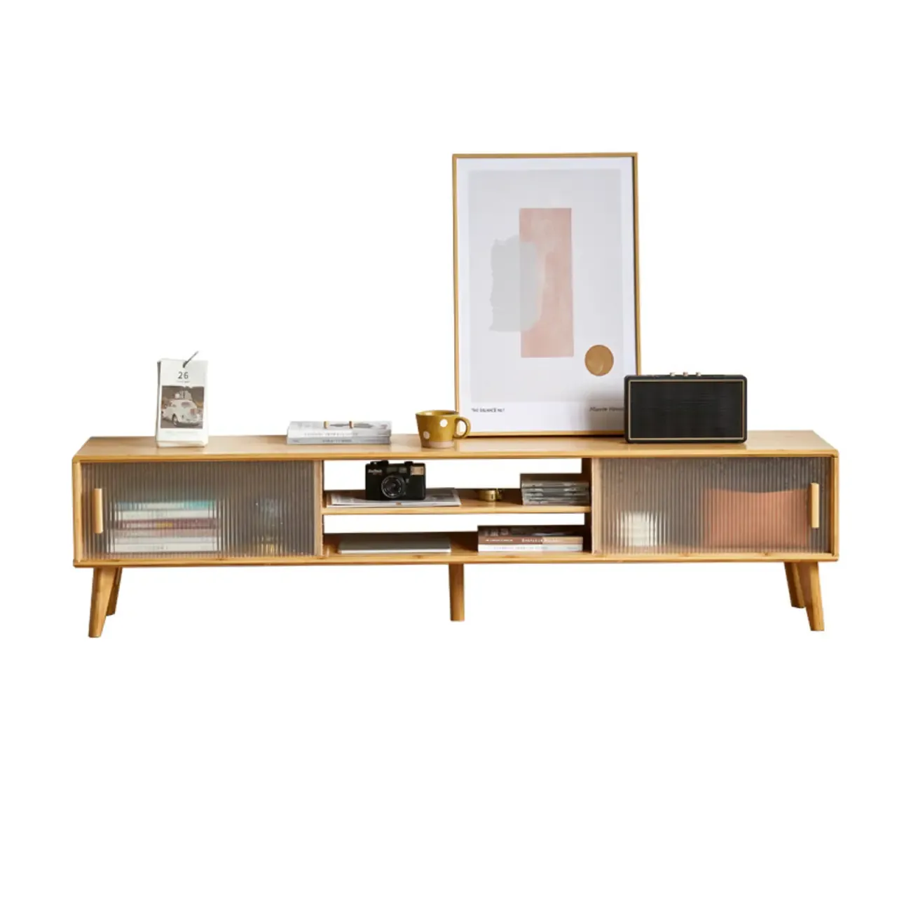 Wooden Rectangle TV Stand with Storage & Sliding Glass Door Image - 6