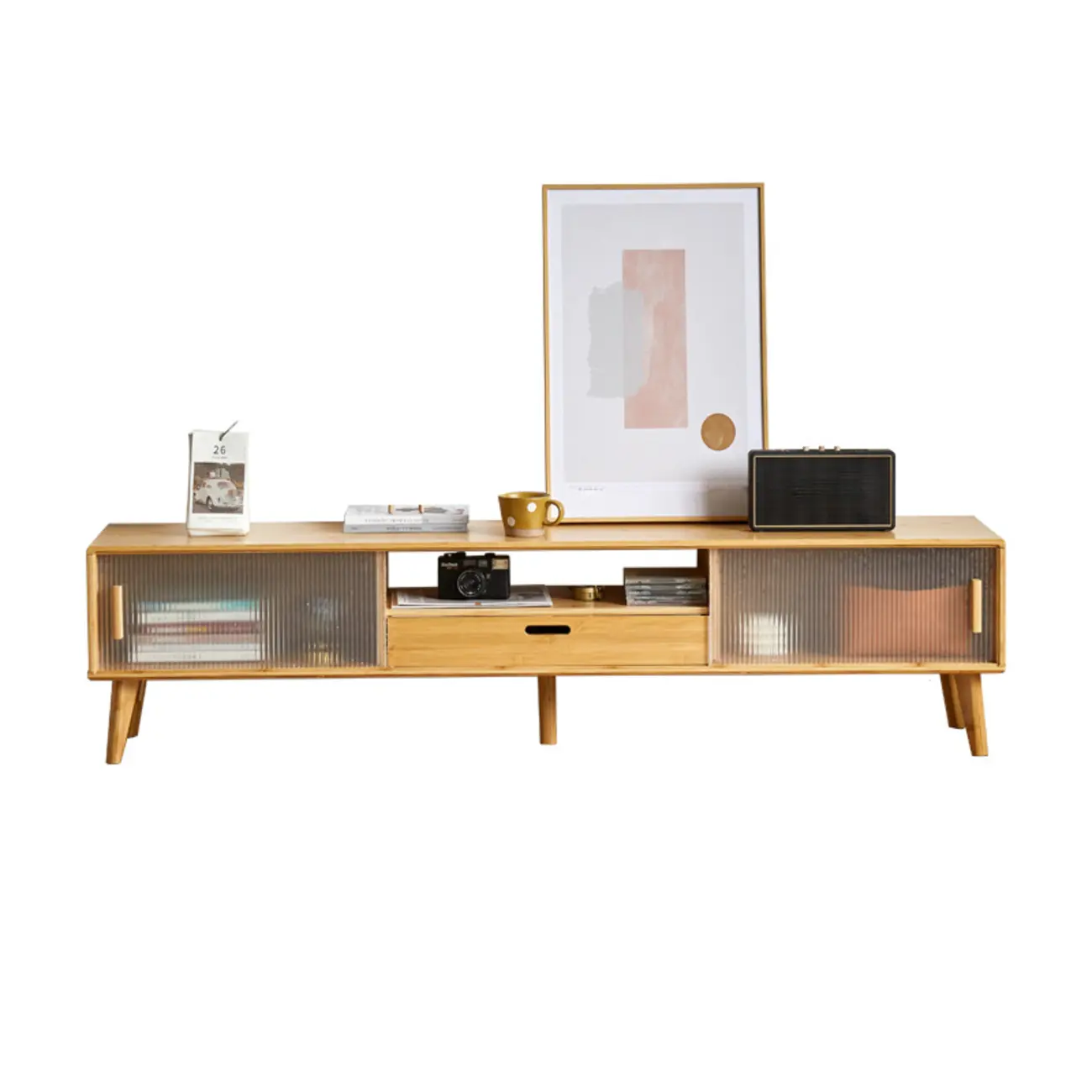 Wooden Rectangle TV Stand with Storage & Sliding Glass Door Image - 7 | homeyfad