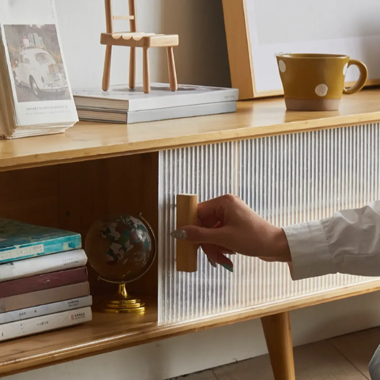 Wooden Rectangle TV Stand with Storage & Sliding Glass Door Image - 10