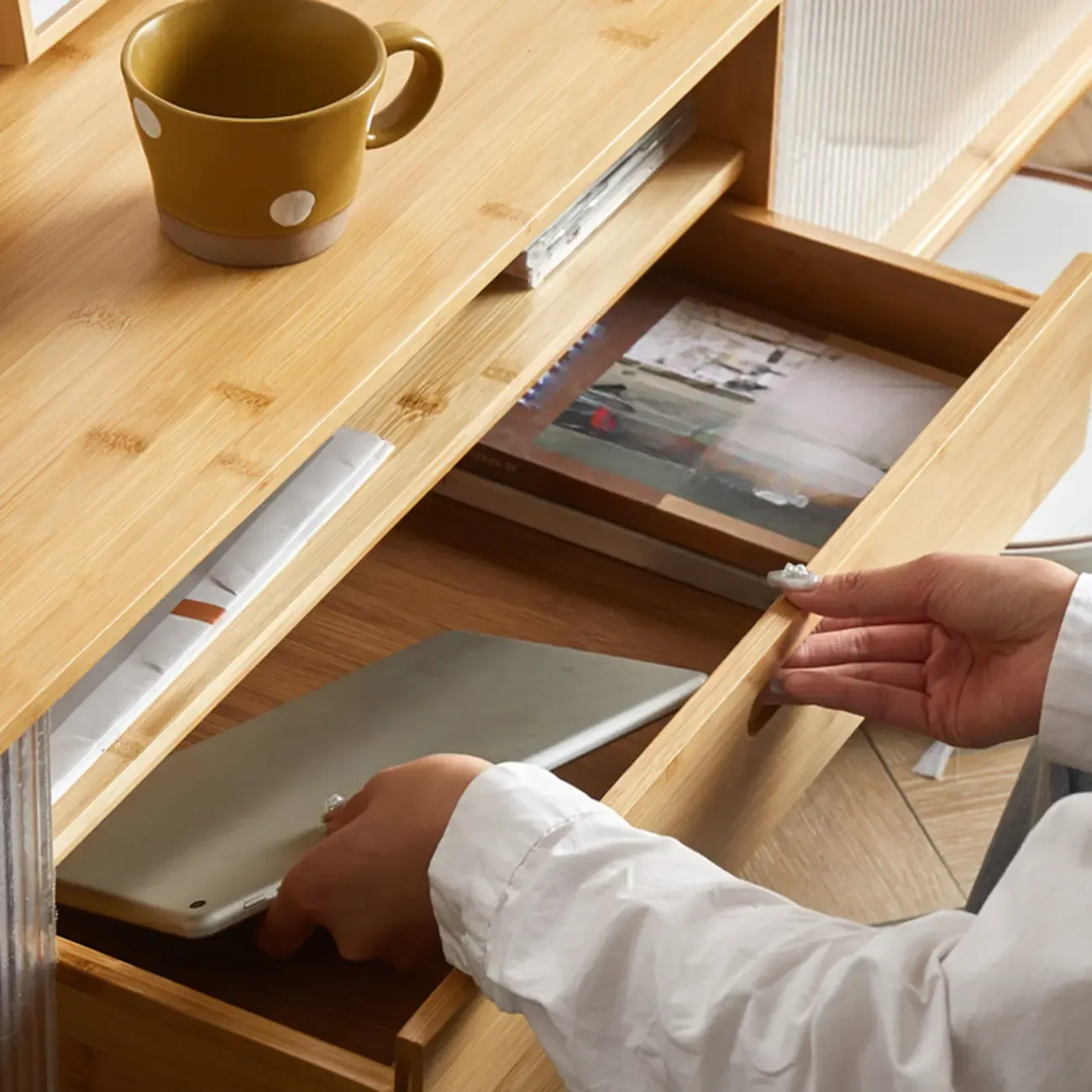 Wooden Rectangle TV Stand with Storage & Sliding Glass Door Image - 11