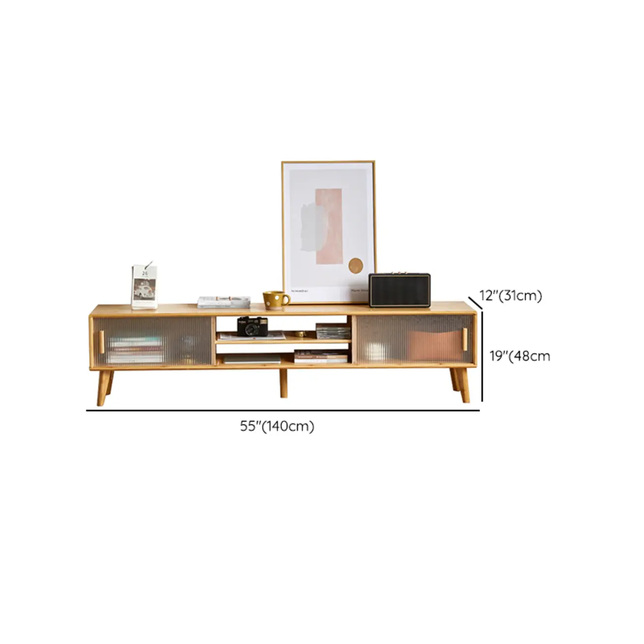 Wooden Rectangle TV Stand with Storage & Sliding Glass Door #size | homeyfad