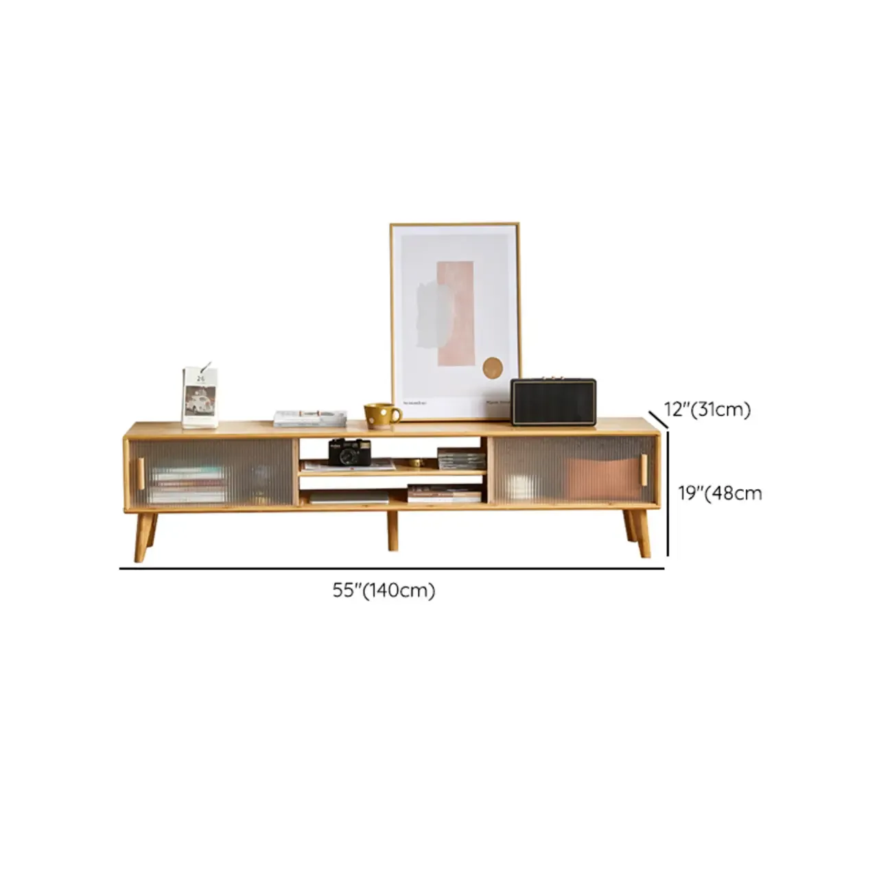 Wooden Rectangle TV Stand with Storage & Sliding Glass Door #size