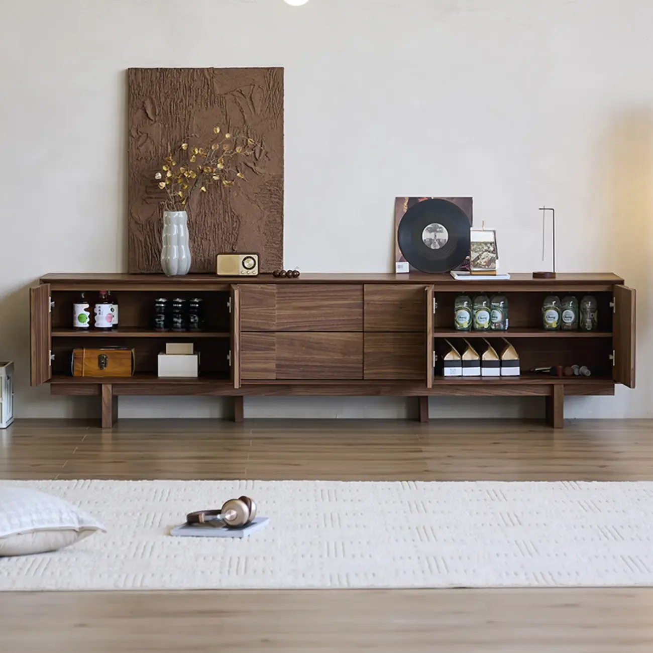 79" Brown Rectangle Wooden TV Stand with Drawer Image - 3