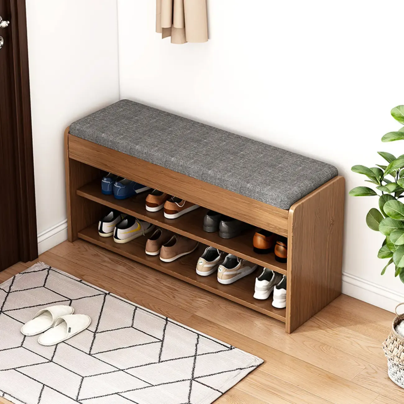 Brown Wood Shoe Storage Bench with Flip-Up Storage Image - 1
