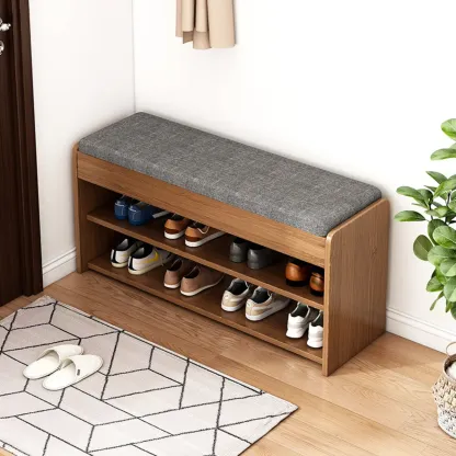 Brown Wood Shoe Storage Bench with Flip-Up Storage Image - 1
