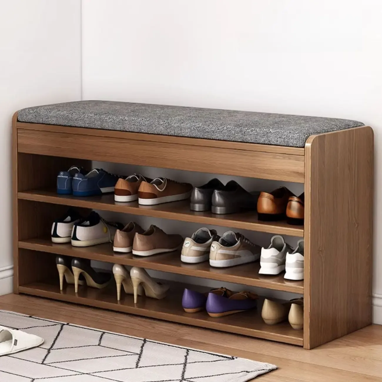 Brown Wood Shoe Storage Bench with Flip-Up Storage Image - 3