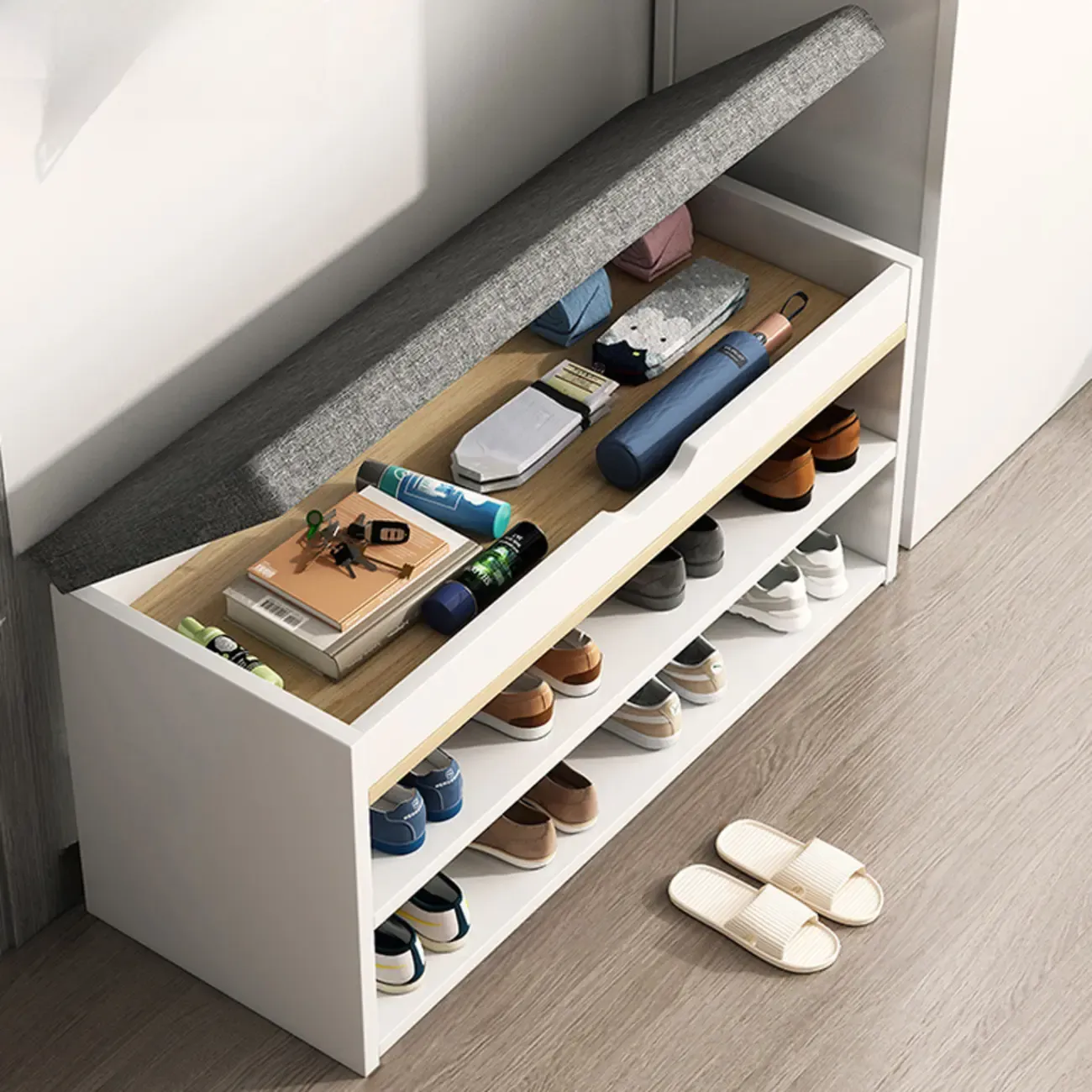 Brown Wood Shoe Storage Bench with Flip-Up Storage Image - 4