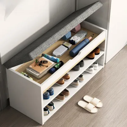 Brown Wood Shoe Storage Bench with Flip-Up Storage Image - 4