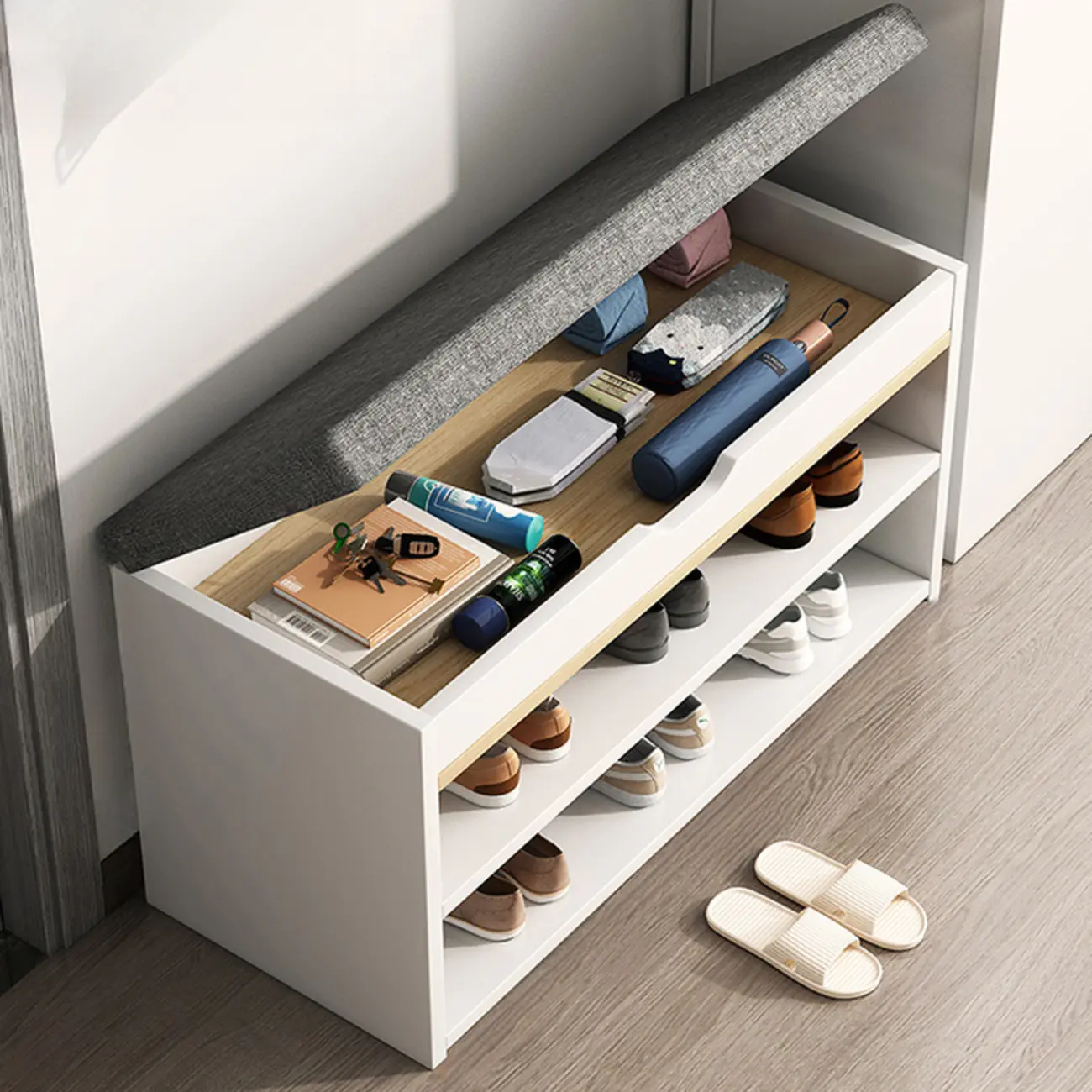 Brown Wood Shoe Storage Bench with Flip-Up Storage Image - 9 | homeyfad