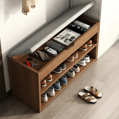 Brown Wood Shoe Storage Bench with Flip-Up Storage Image - 10