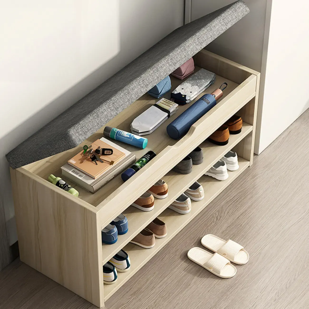 Brown Wood Shoe Storage Bench with Flip-Up Storage Image - 12