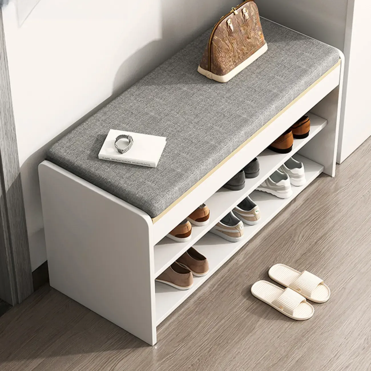Brown Wood Shoe Storage Bench with Flip-Up Storage Image - 13