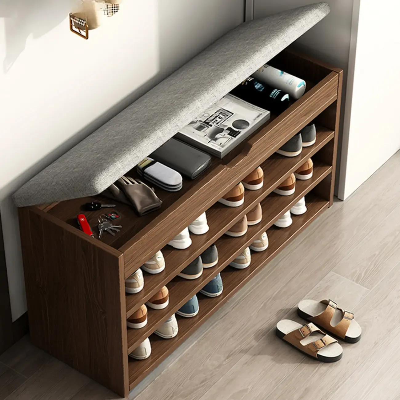 Brown Wood Shoe Storage Bench with Flip-Up Storage Image - 17