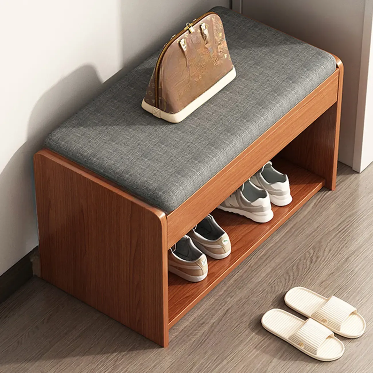 Brown Wood Shoe Storage Bench with Flip-Up Storage Image - 18