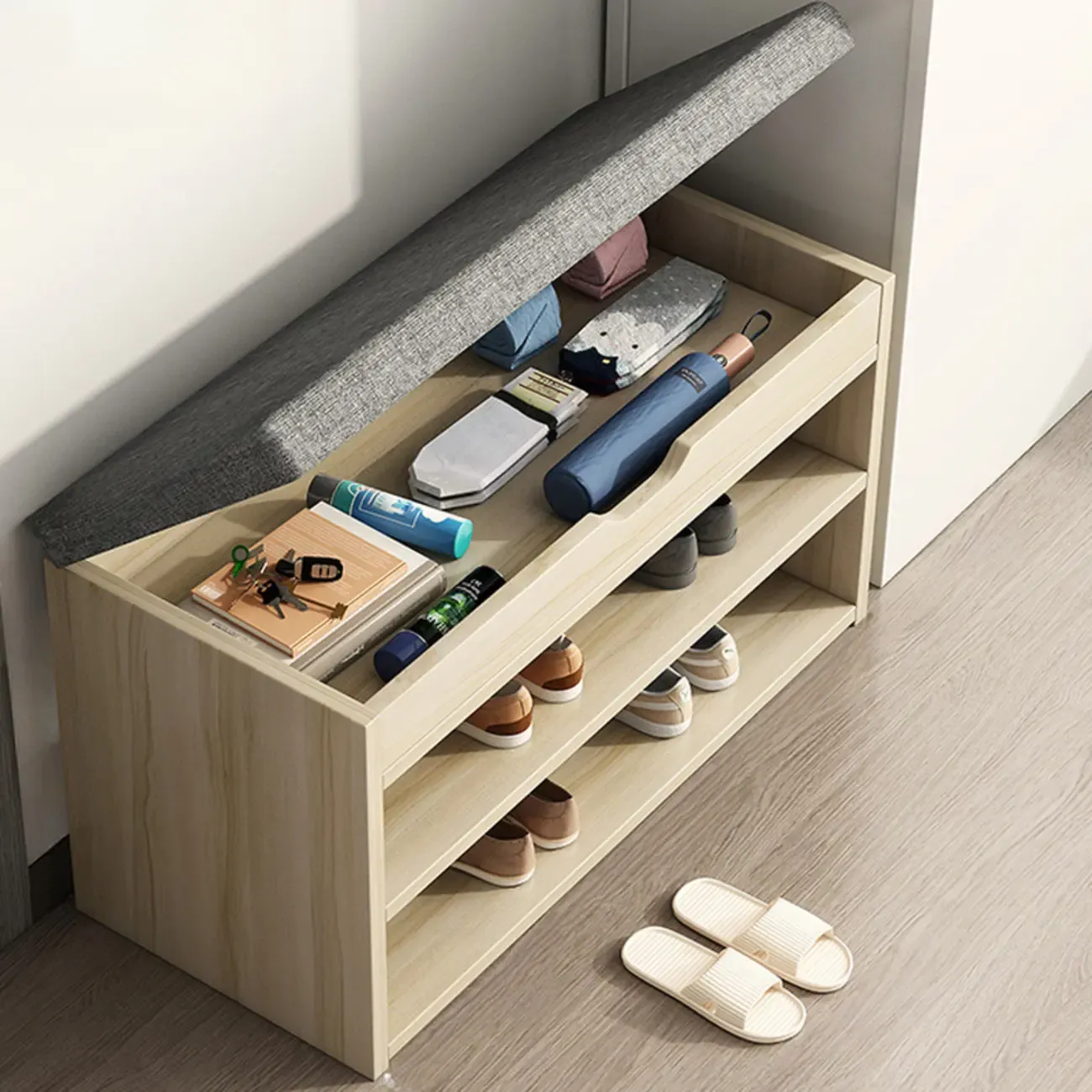 Brown Wood Shoe Storage Bench with Flip-Up Storage Image - 19