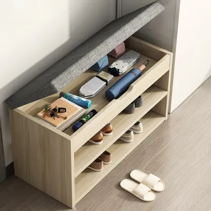 Brown Wood Shoe Storage Bench with Flip-Up Storage Image - 19