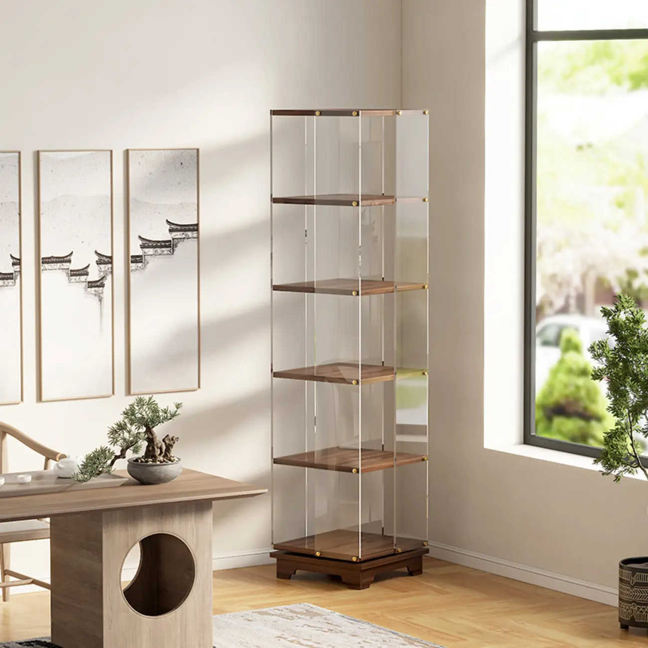 Art Deco Square Timber Shelf Glass Panel Swivel Chest Image - 2 | homeyfad