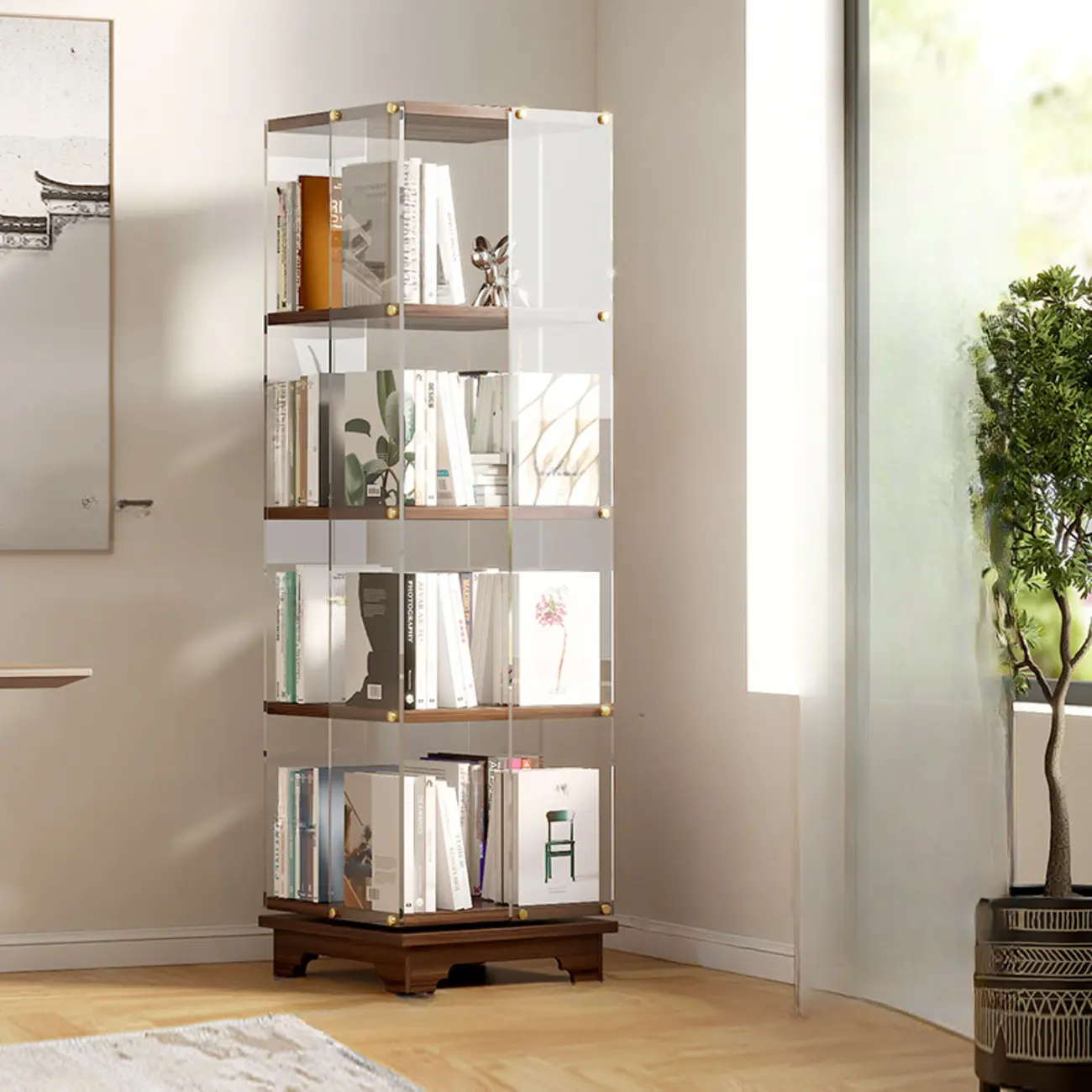 Art Deco Square Timber Shelf Glass Panel Swivel Chest Image - 3 | homeyfad