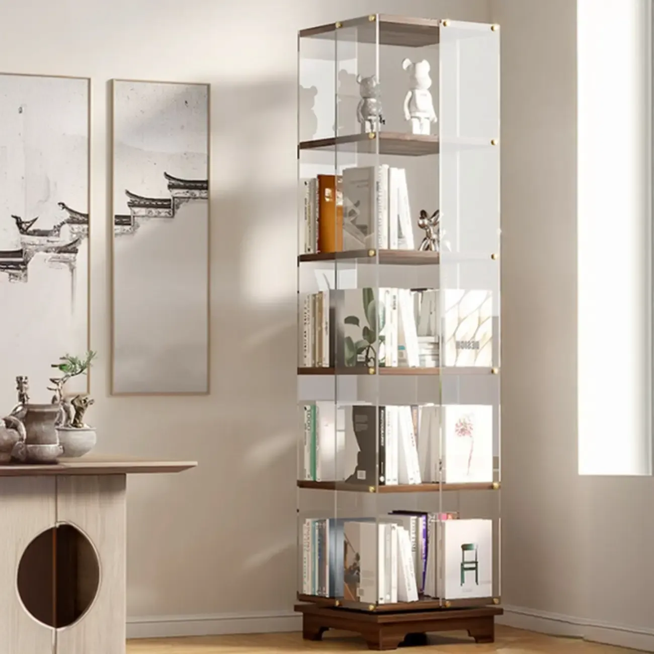 Art Deco Square Timber Shelf Glass Panel Swivel Chest Image - 4