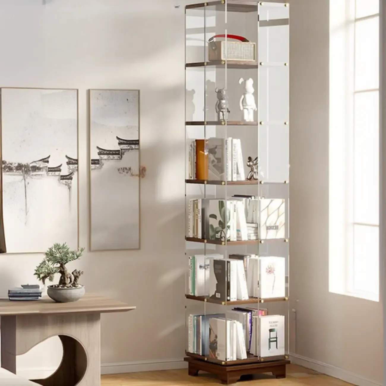 Art Deco Square Timber Shelf Glass Panel Swivel Chest Image - 6