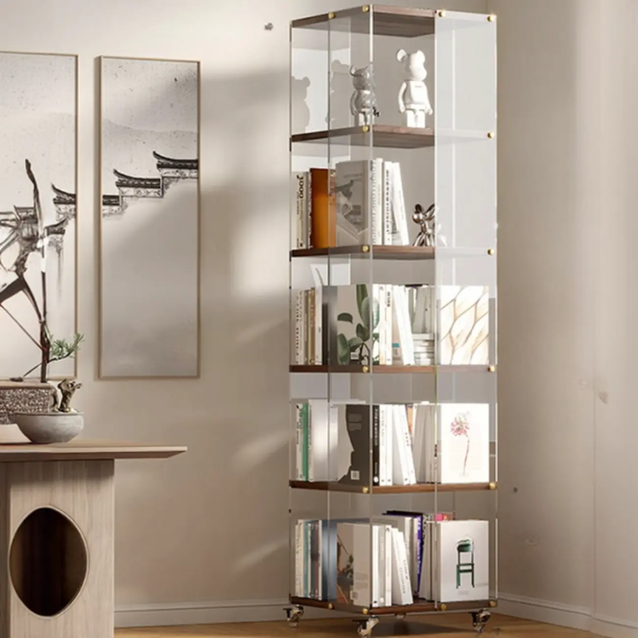 Art Deco Square Timber Shelf Glass Panel Swivel Chest Image - 13 | homeyfad