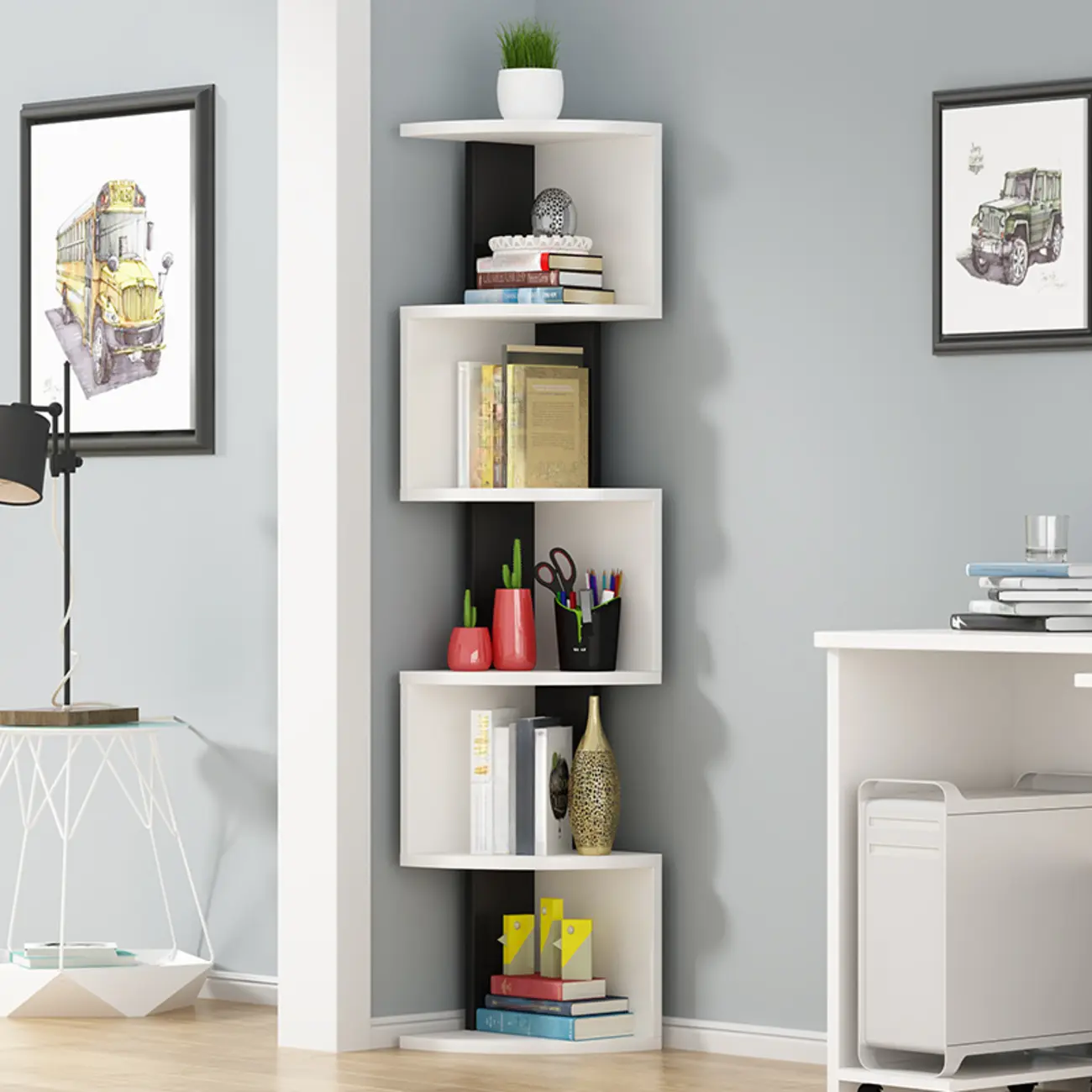 Modern Black White Wooden Living Room Corner Cabinet Image - 1 | homeyfad