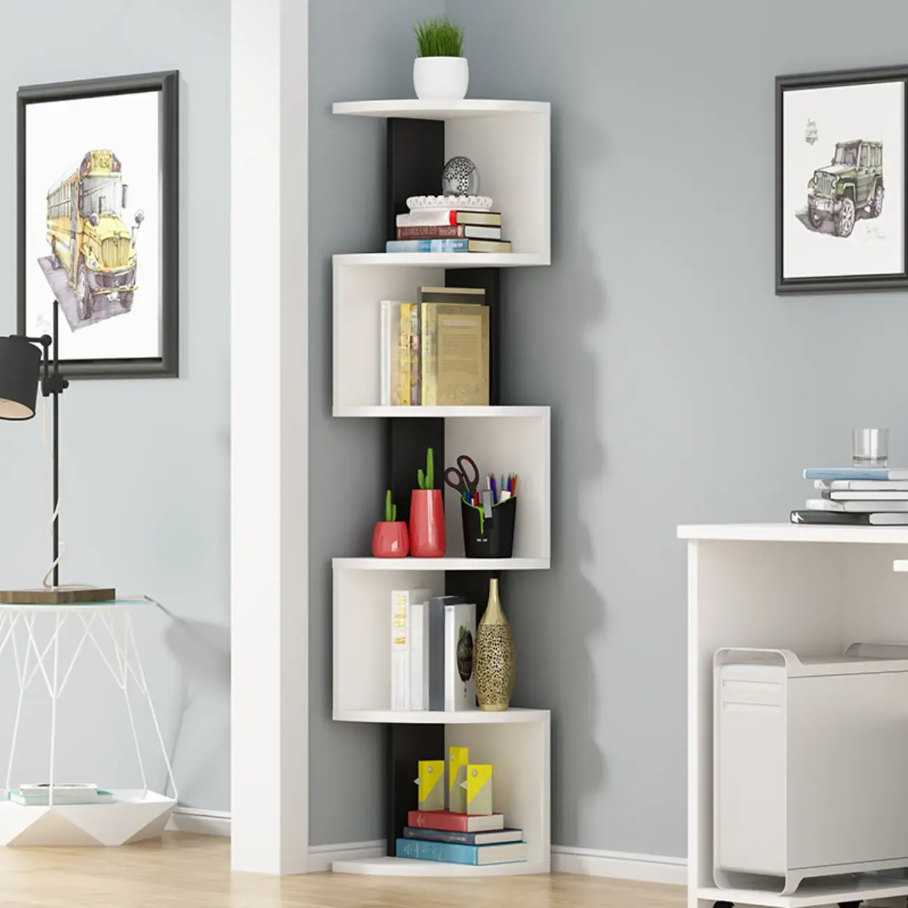 Modern Black White Wooden Living Room Corner Cabinet Image - 1