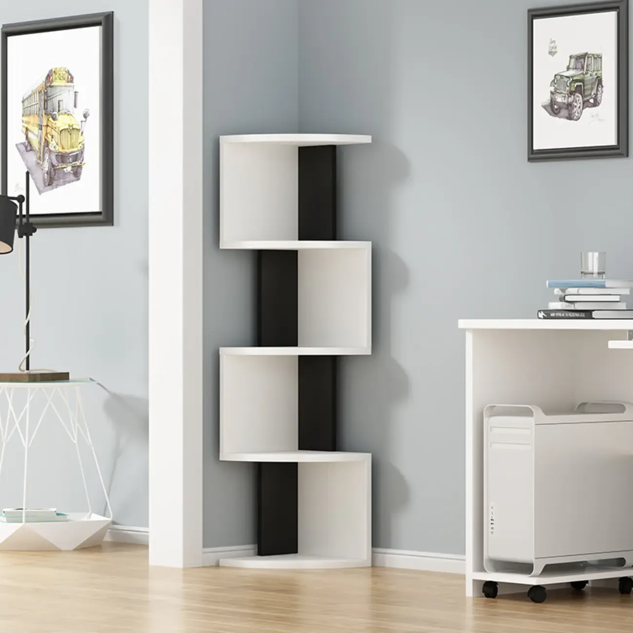 Modern Black White Wooden Living Room Corner Cabinet Image - 2