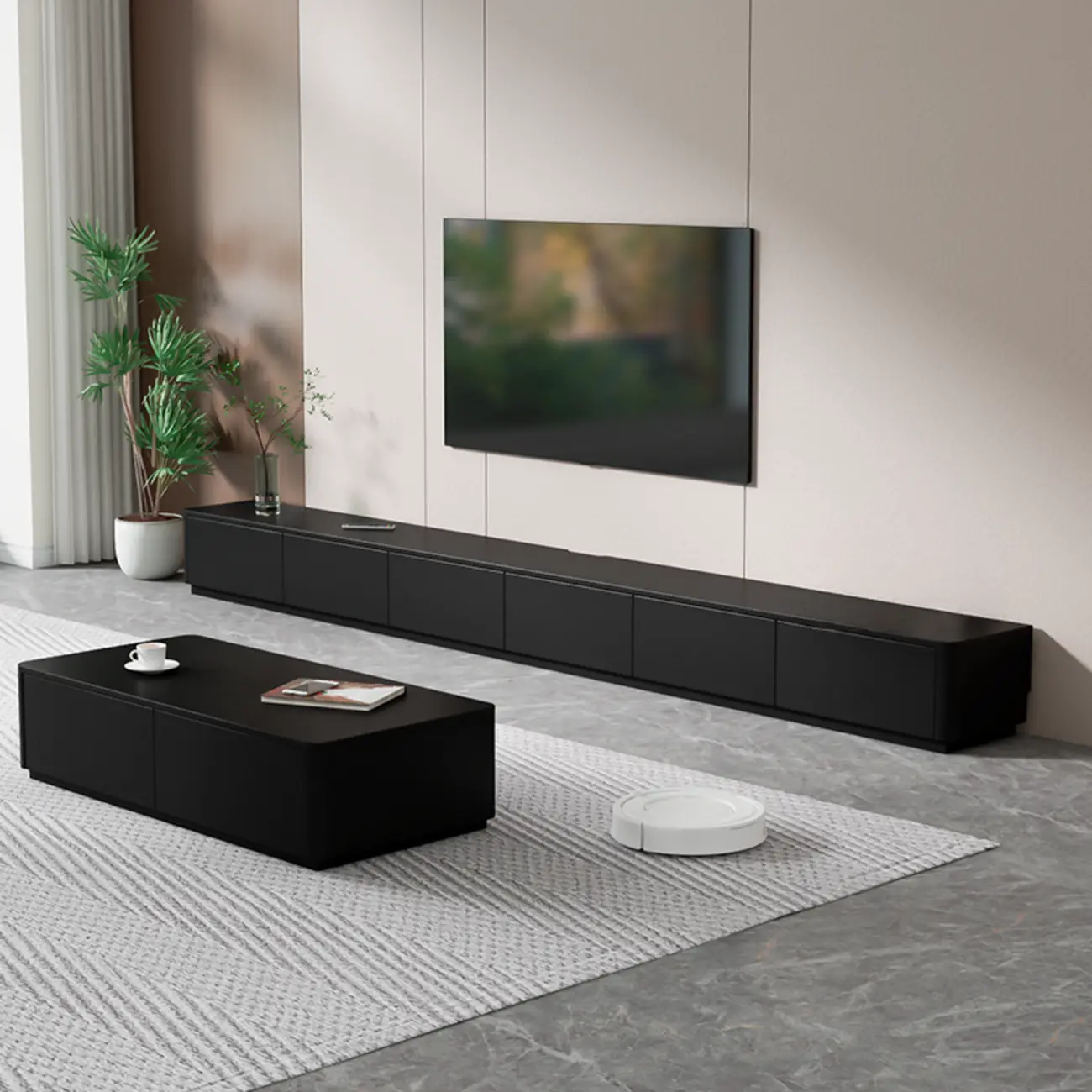 Black Rectangle Wood TV Stand with Cable Management Image - 2 | homeyfad