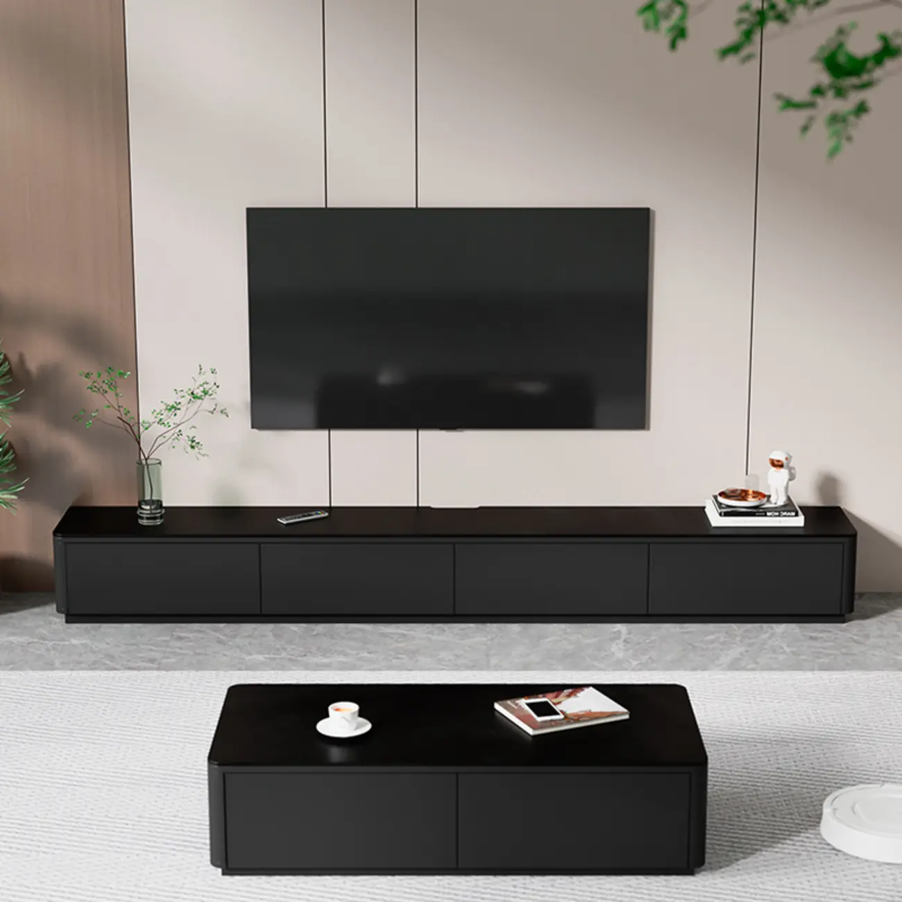 Black Rectangle Wood TV Stand with Cable Management Image - 6 | homeyfad
