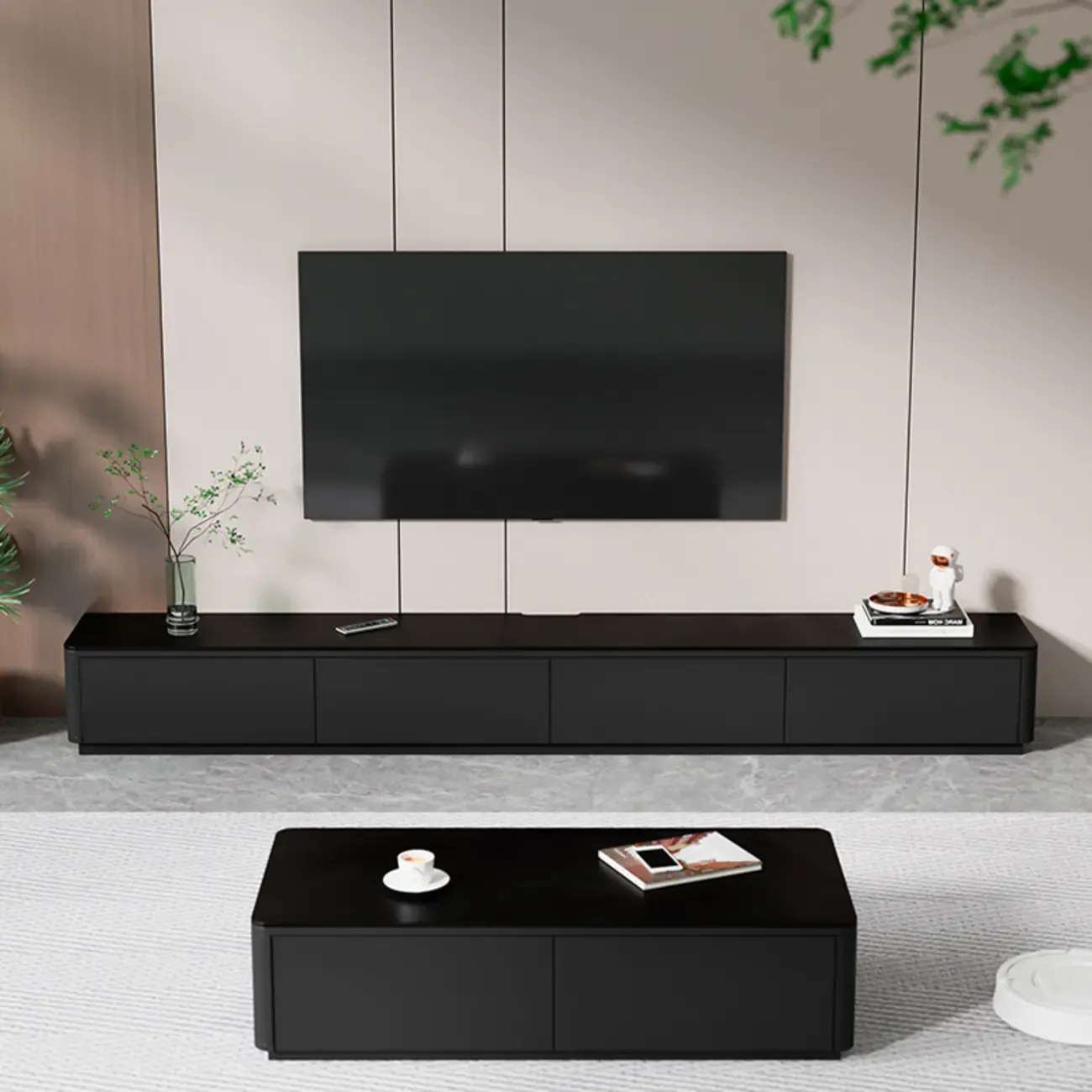 Black Rectangle Wood TV Stand with Cable Management Image - 6