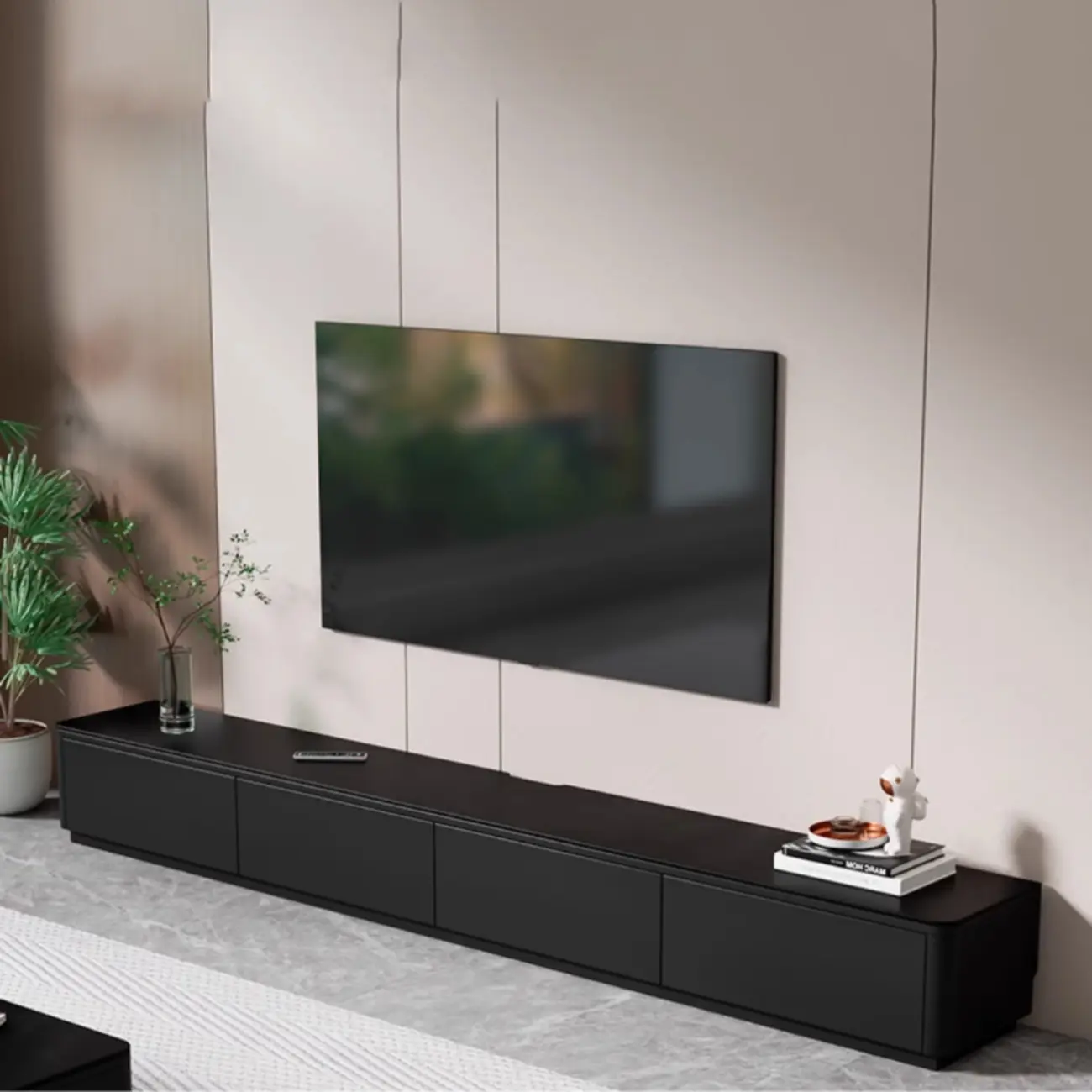 Black Rectangle Wood TV Stand with Cable Management Image - 7 | homeyfad