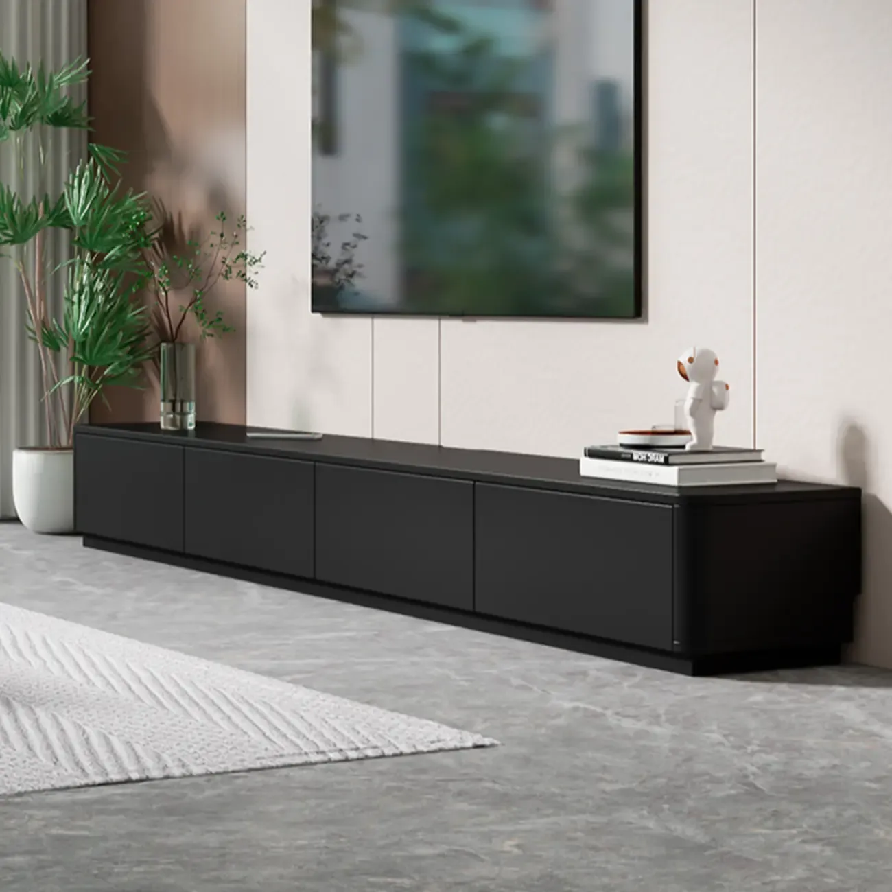 Black Rectangle Wood TV Stand with Cable Management Image - 9