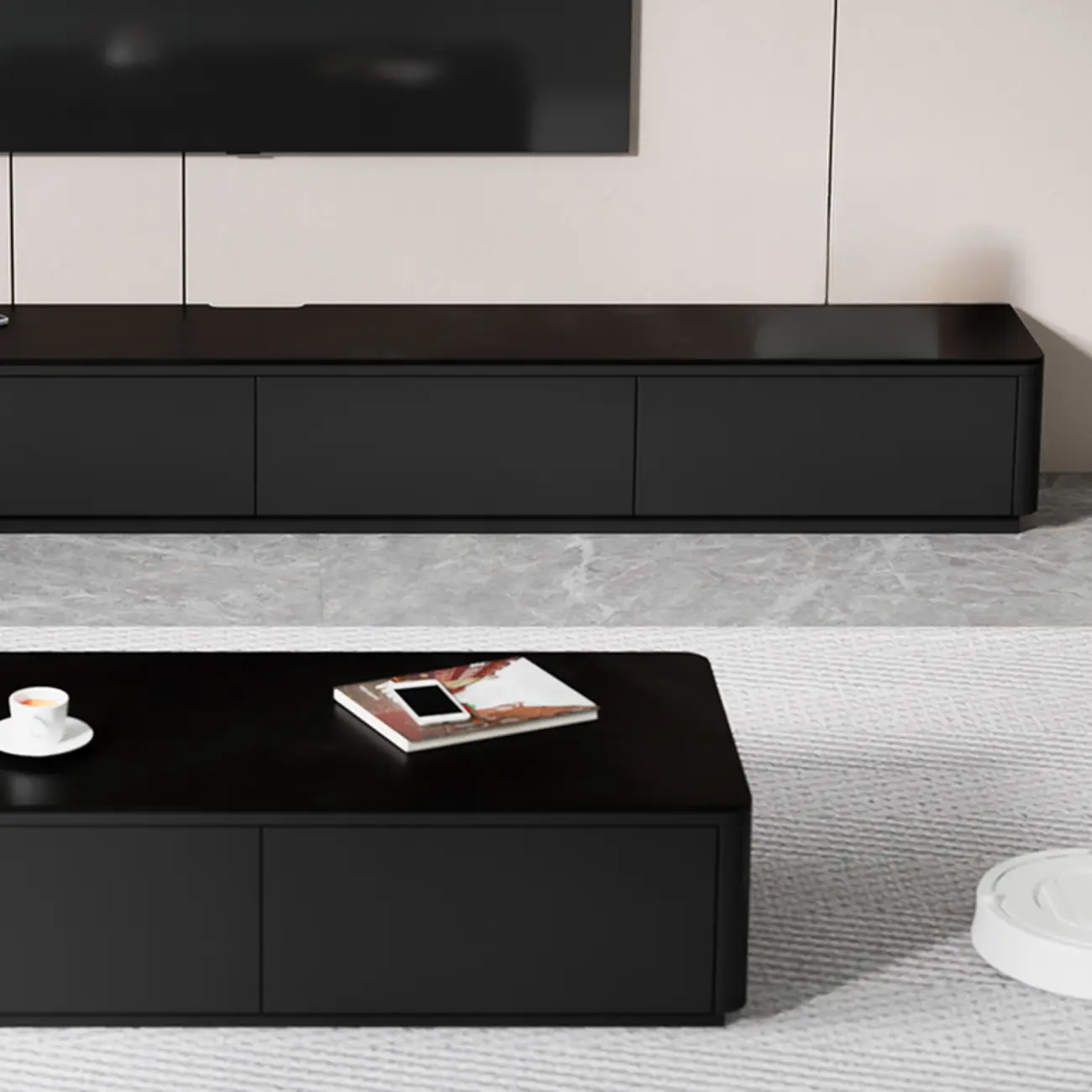 Black Rectangle Wood TV Stand with Cable Management Image - 11 | homeyfad
