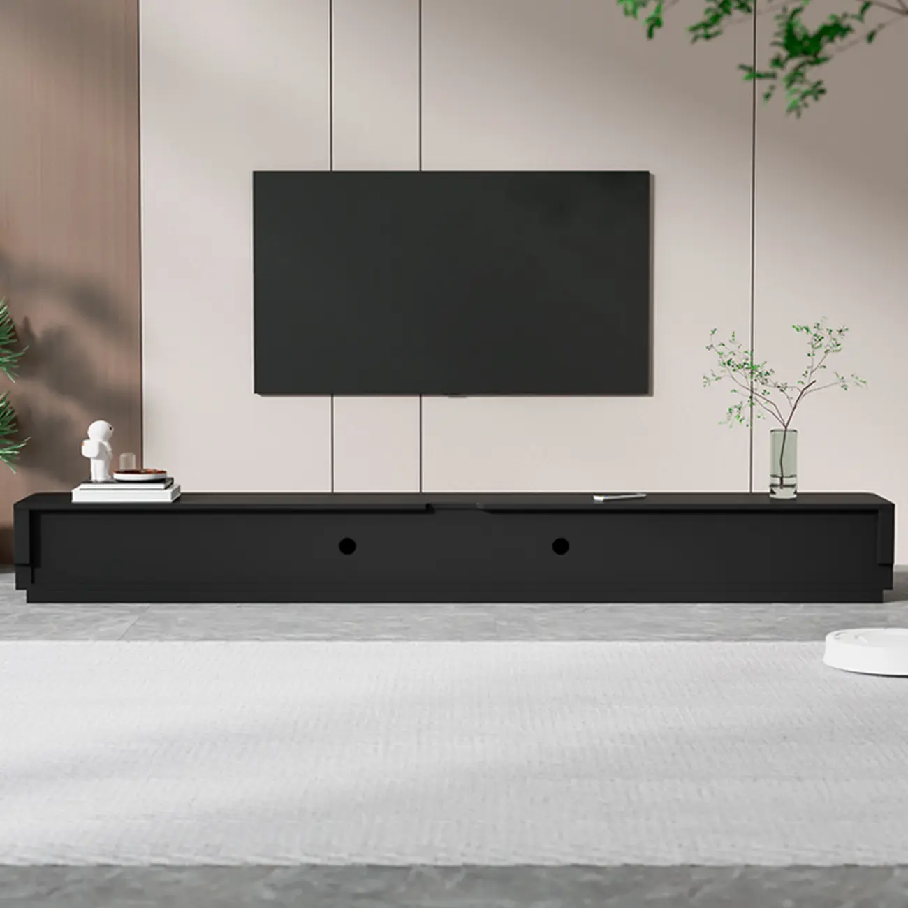 Black Rectangle Wood TV Stand with Cable Management Image - 12 | homeyfad