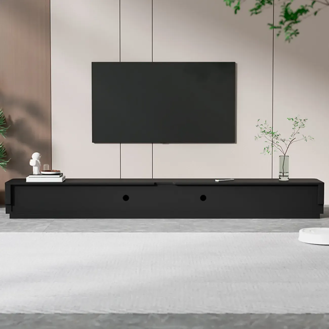 Black Rectangle Wood TV Stand with Cable Management Image - 12