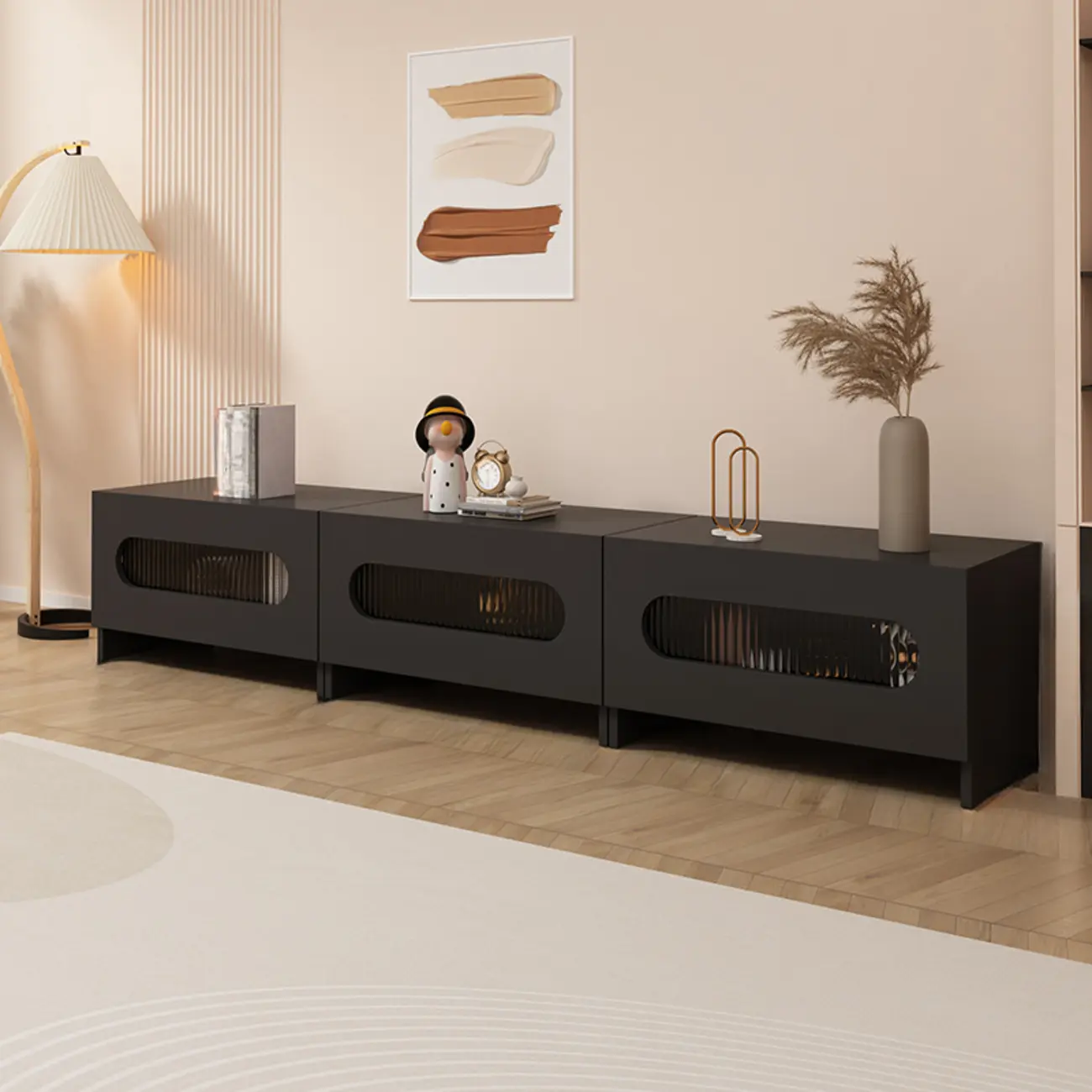 Minimalist Black Wooden Long TV Stand with Cabinets Image - 3 | homeyfad