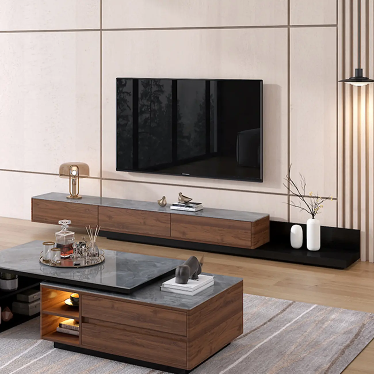 71" Walnut-Black Modern Stone TV Console with Drawers Image - 1 | homeyfad