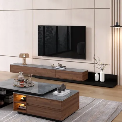 71" Walnut-Black Modern Stone TV Console with Drawers Image - 1