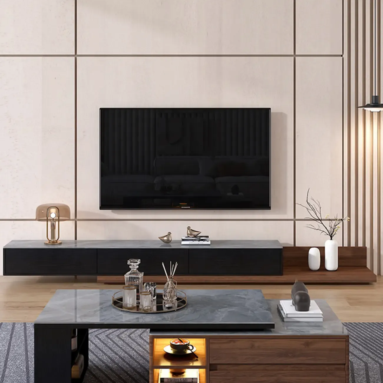 71" Walnut-Black Modern Stone TV Console with Drawers Image - 3