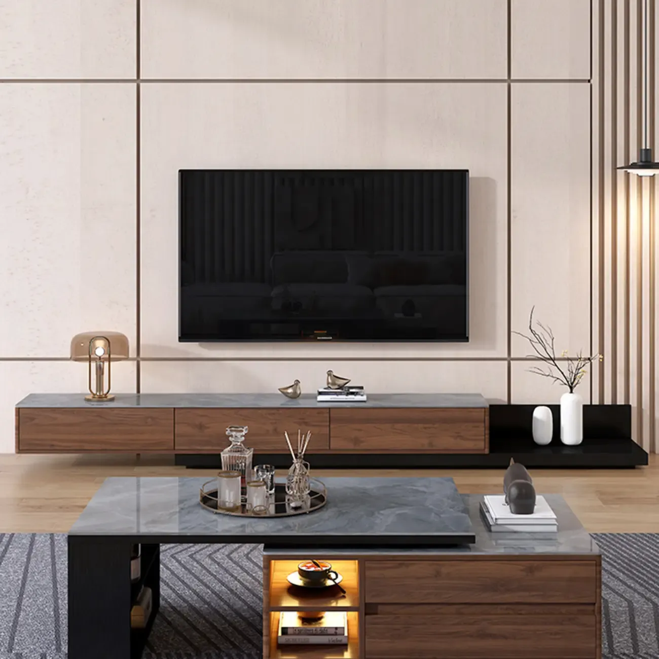 71" Walnut-Black Modern Stone TV Console with Drawers Image - 5