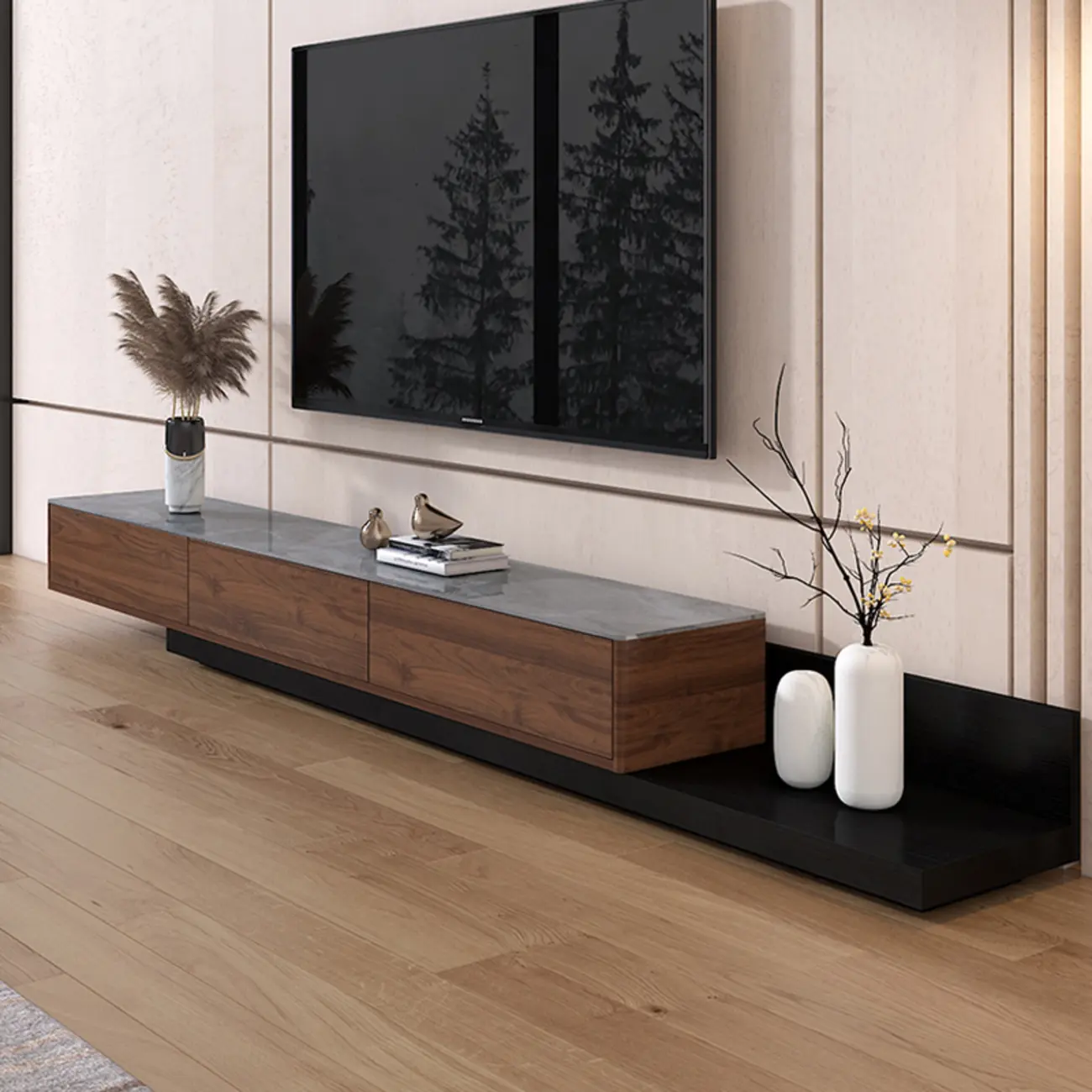 71" Walnut-Black Modern Stone TV Console with Drawers Image - 8 | homeyfad